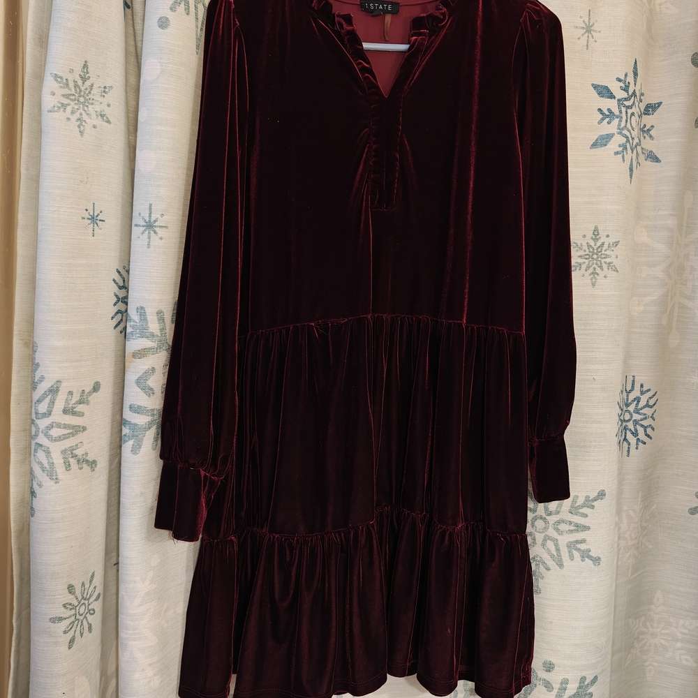 1. State Burgundy Velvet Tiered Long-Sleeve Dress